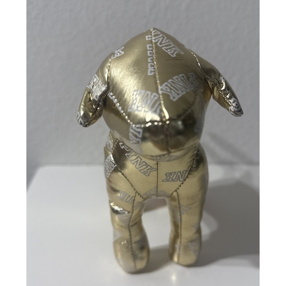 2014 Victoria Secret Plush PINK Dog SHINY Metallic Gold w/ "PINK" Words 8" - Picture 2 of 9